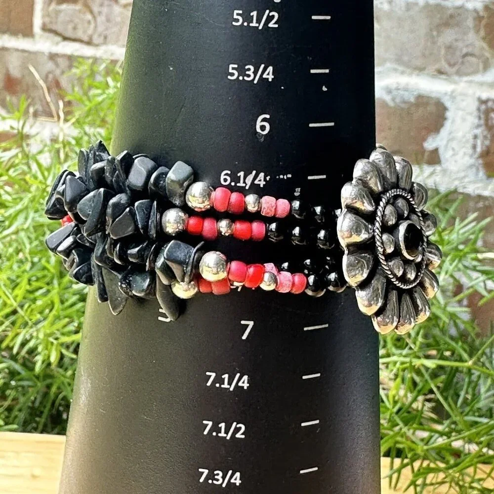 VTG‎ Flower Sterling Silver Bracelet Buffalo Nickel Clasp Black Onyx Red Beads